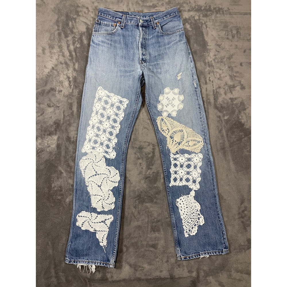 Levi's 501 Custom Jeans Blue Crochet Lace Doily Patched Distressed Denim -NoTag